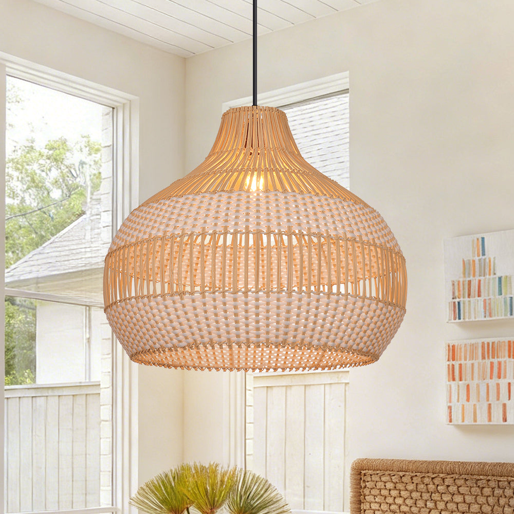 White Woven Rattan Pendant Light Minimalist Coastal Ceiling Lamp