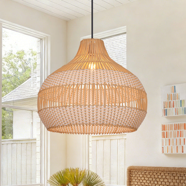 White Woven Rattan Pendant Light Minimalist Coastal Ceiling Lamp