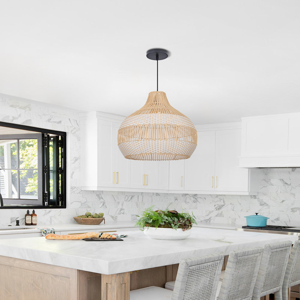 White Woven Rattan Pendant Light Minimalist Coastal Ceiling Lamp