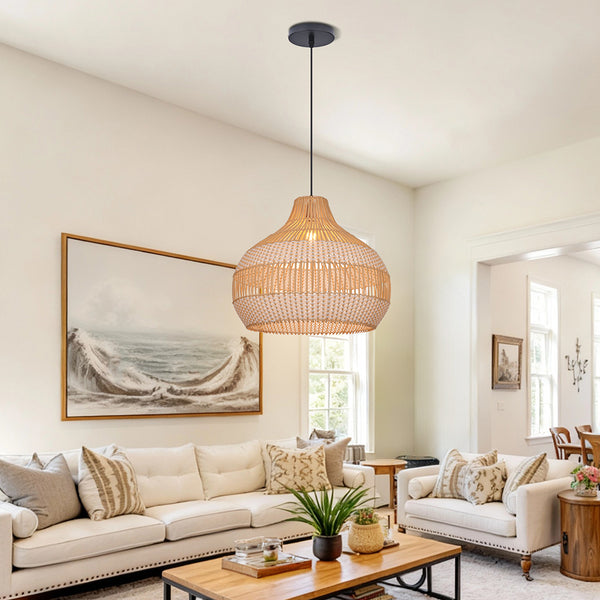 White Woven Rattan Pendant Light Minimalist Coastal Ceiling Lamp