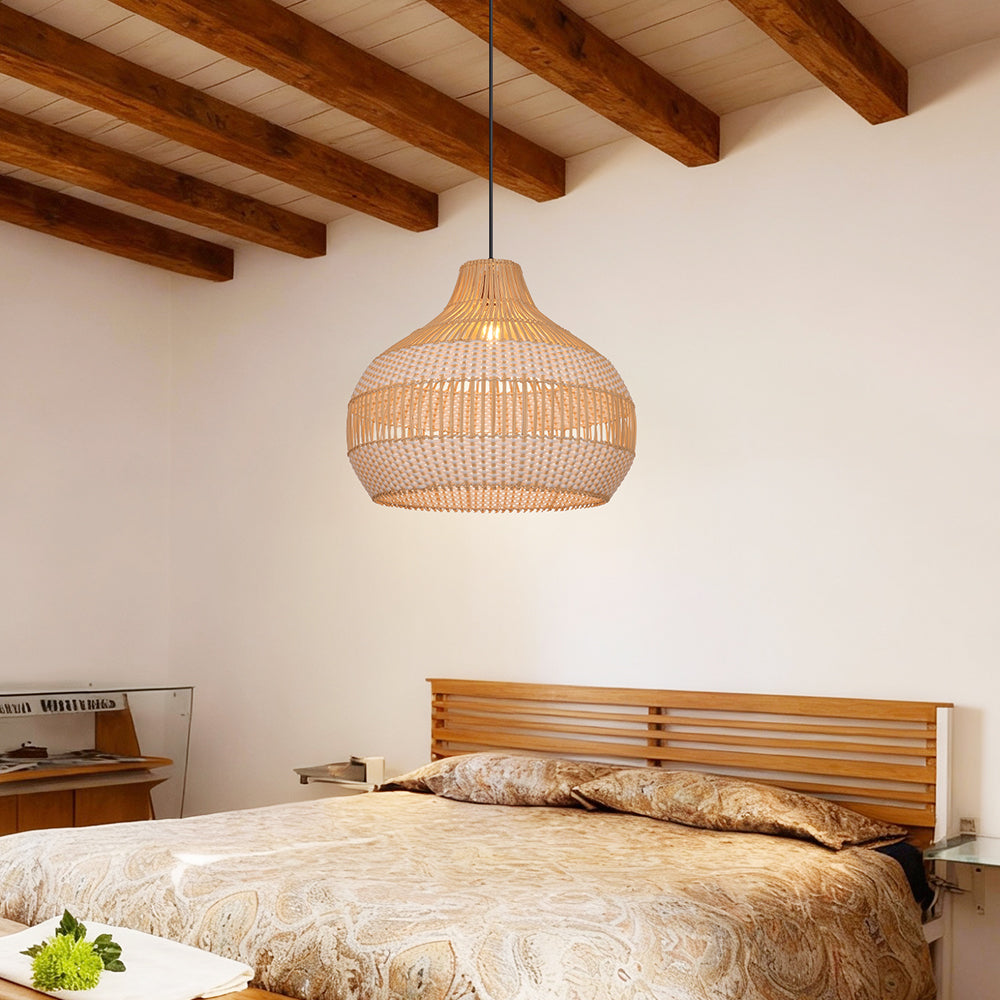 White Woven Rattan Pendant Light Minimalist Coastal Ceiling Lamp