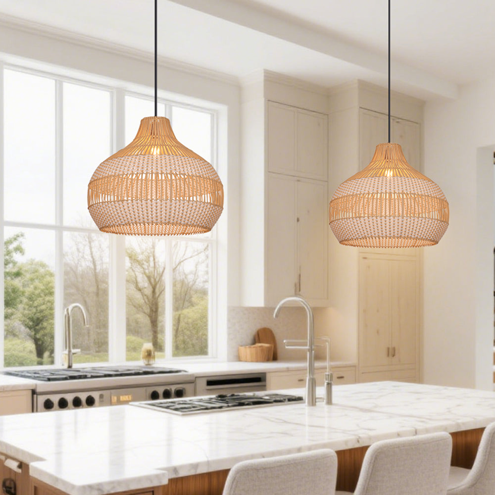 White Woven Rattan Pendant Light Minimalist Coastal Ceiling Lamp