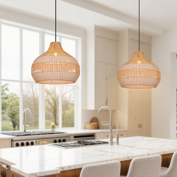 White Woven Rattan Pendant Light Minimalist Coastal Ceiling Lamp