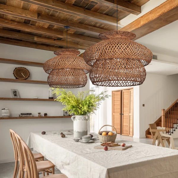 6-Light Rattan Pendant Chandelier Large Basket Dining Room Fixture
