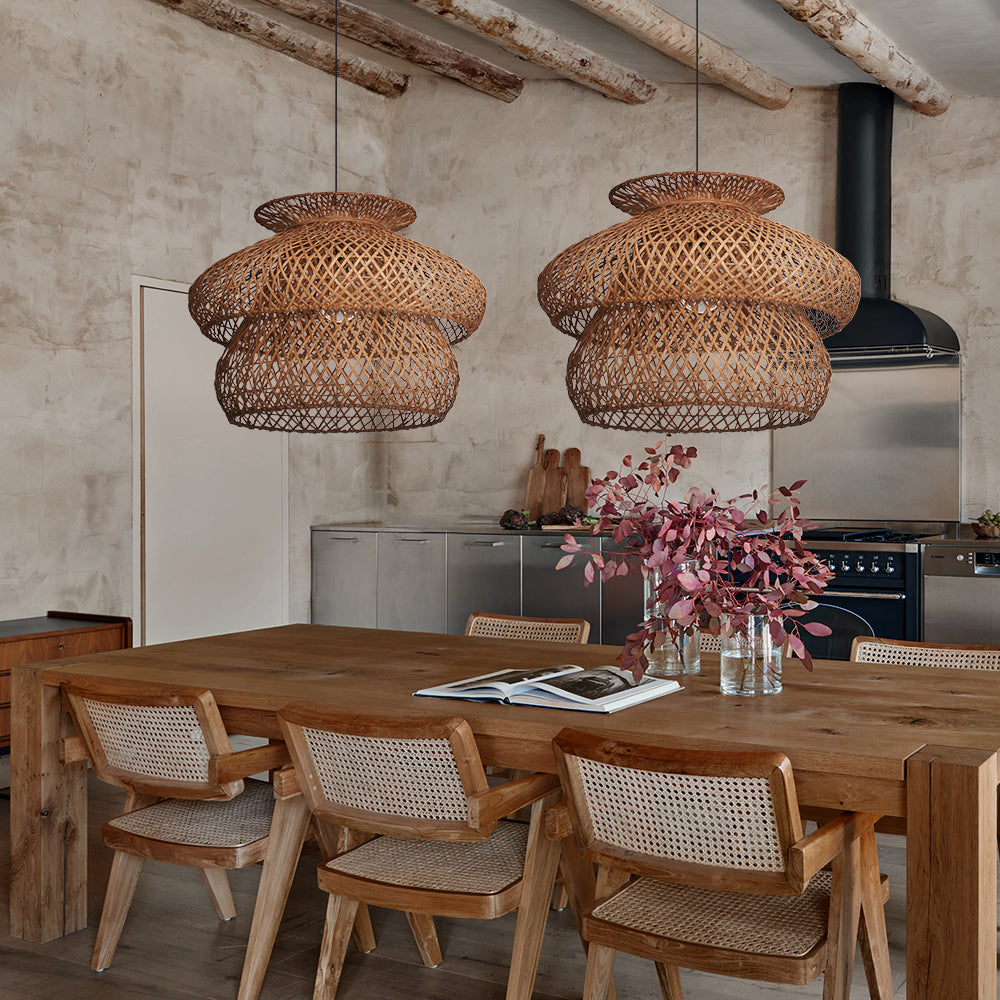 6-Light Rattan Pendant Chandelier Large Basket Dining Room Fixture