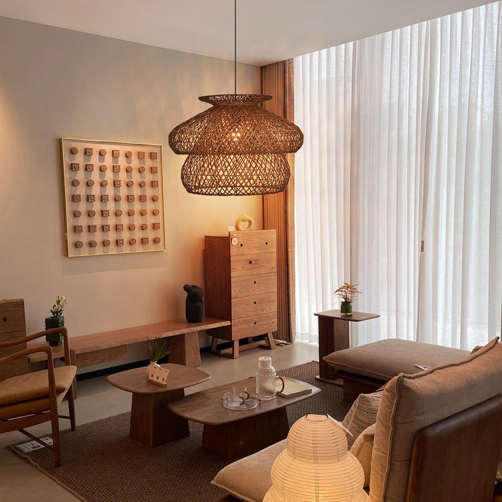 6-Light Rattan Pendant Chandelier Large Basket Dining Room Fixture