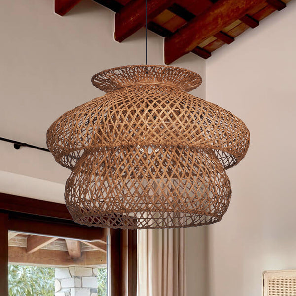 6-Light Rattan Pendant Chandelier Large Basket Dining Room Fixture