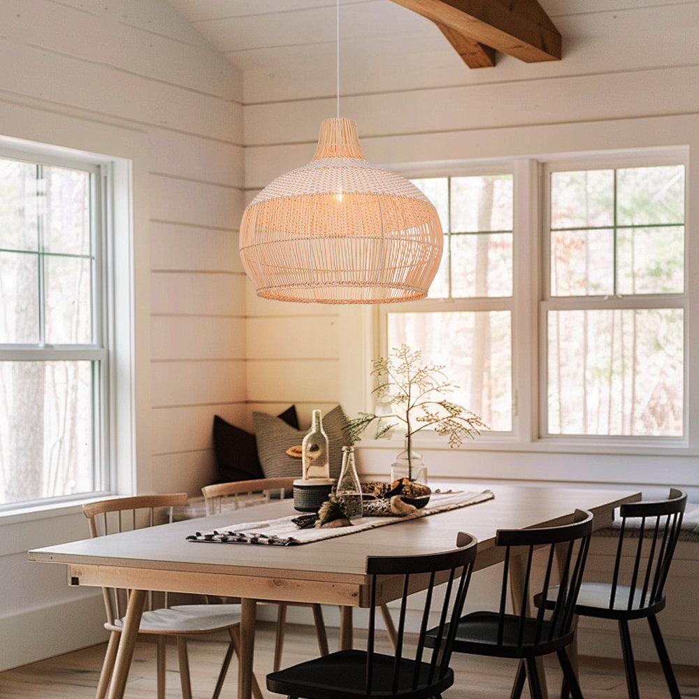 White Woven Rattan Lampshade Minimalist Coastal Pendant Light Secondary image