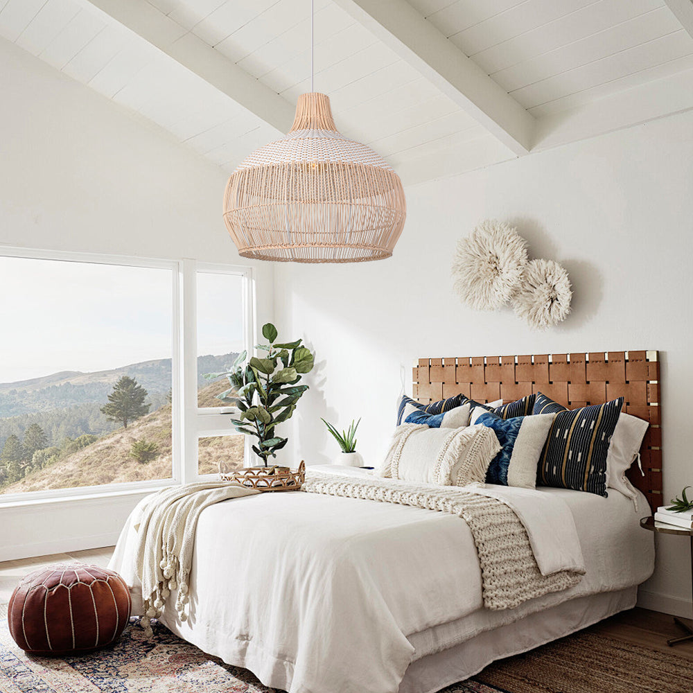 White Woven Rattan Lampshade Minimalist Coastal Pendant Light
