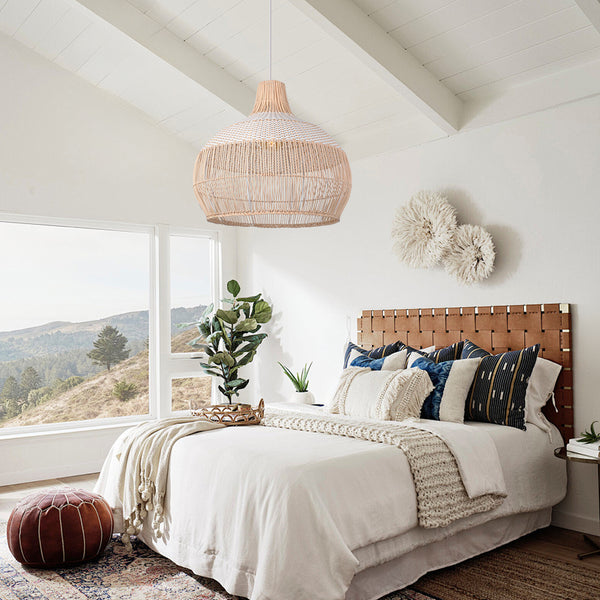 White Woven Rattan Lampshade Minimalist Coastal Pendant Light