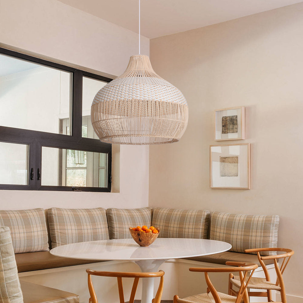 White Woven Rattan Lampshade Minimalist Coastal Pendant Light