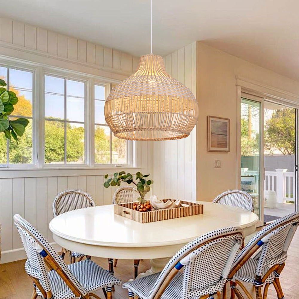 White Woven Rattan Lampshade Minimalist Coastal Pendant Light