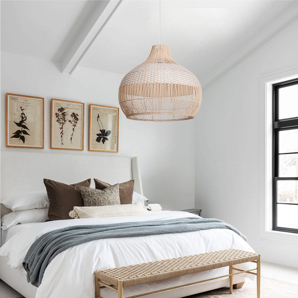 White Woven Rattan Lampshade Minimalist Coastal Pendant Light