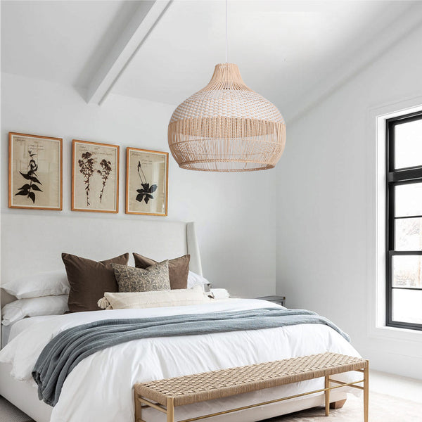 White Woven Rattan Lampshade Minimalist Coastal Pendant Light