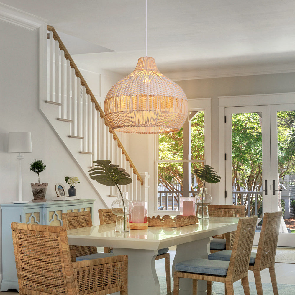 White Woven Rattan Lampshade Minimalist Coastal Pendant Light