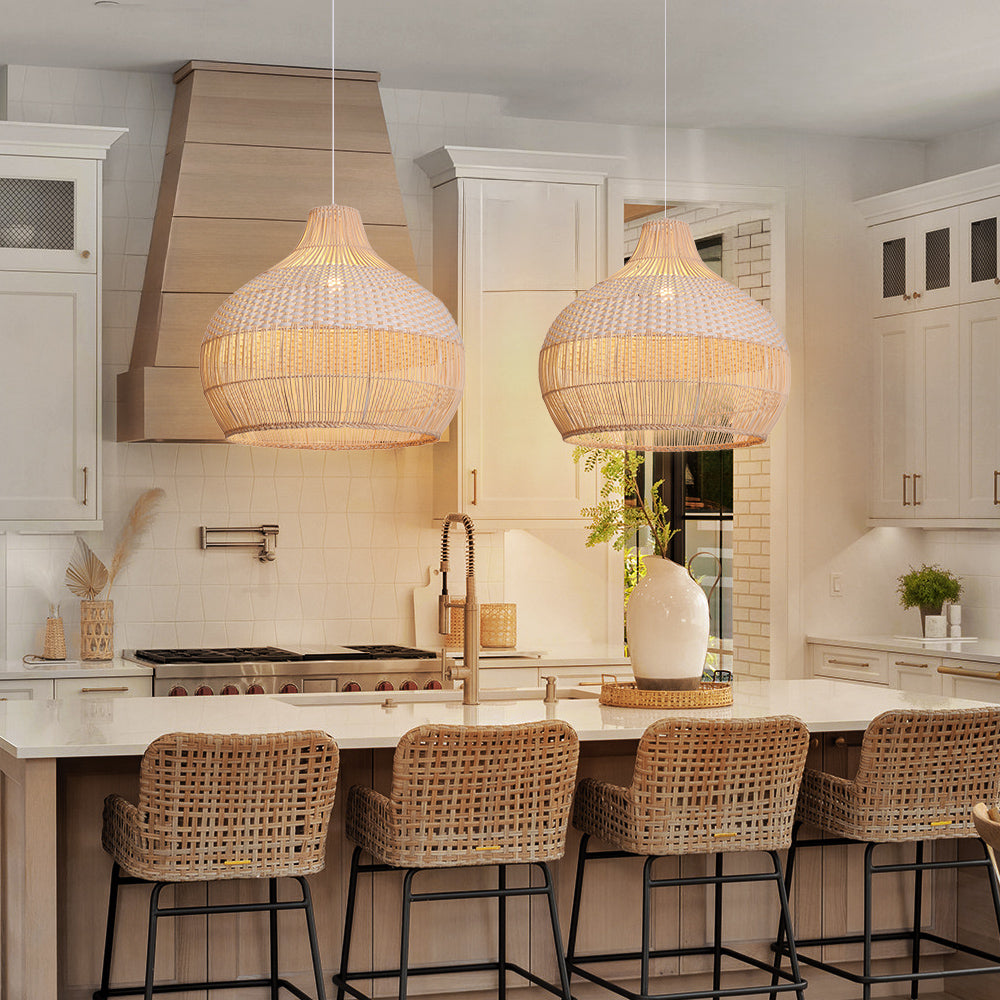 White Woven Rattan Lampshade Minimalist Coastal Pendant Light