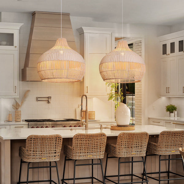 White Woven Rattan Lampshade Minimalist Coastal Pendant Light