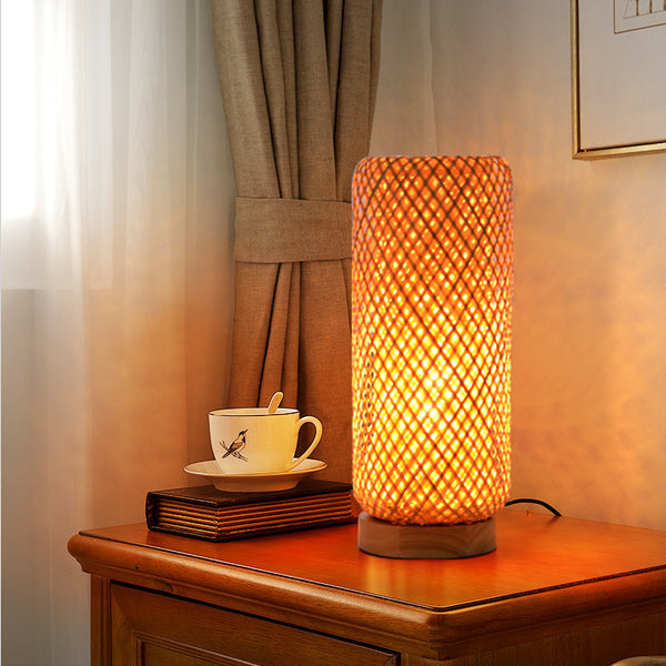 Small Bamboo Bedside Lamp Boho Rattan Table & Nursery Light