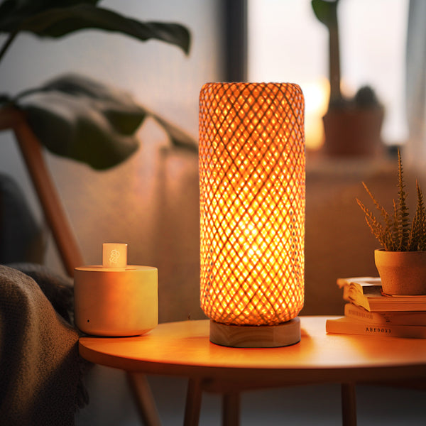 Small Bamboo Bedside Lamp Boho Rattan Table & Nursery Light