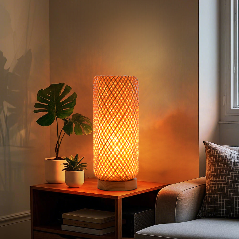 Small Bamboo Bedside Lamp Boho Rattan Table & Nursery Light