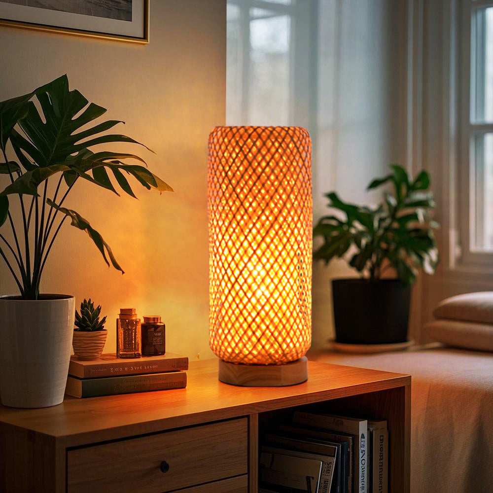 Small Bamboo Bedside Lamp Boho Rattan Table & Nursery Light