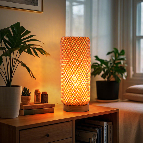 Small Bamboo Bedside Lamp Boho Rattan Table & Nursery Light