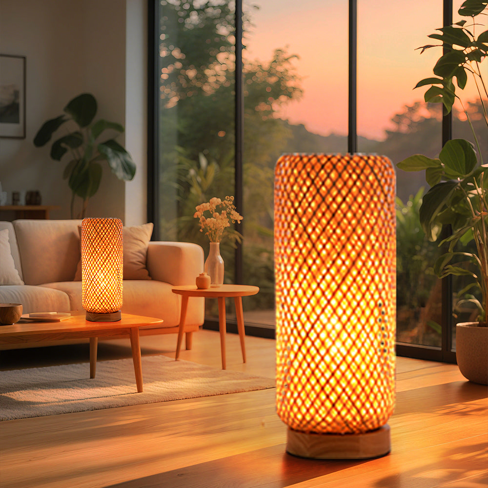 Small Bamboo Bedside Lamp Boho Rattan Table & Nursery Light