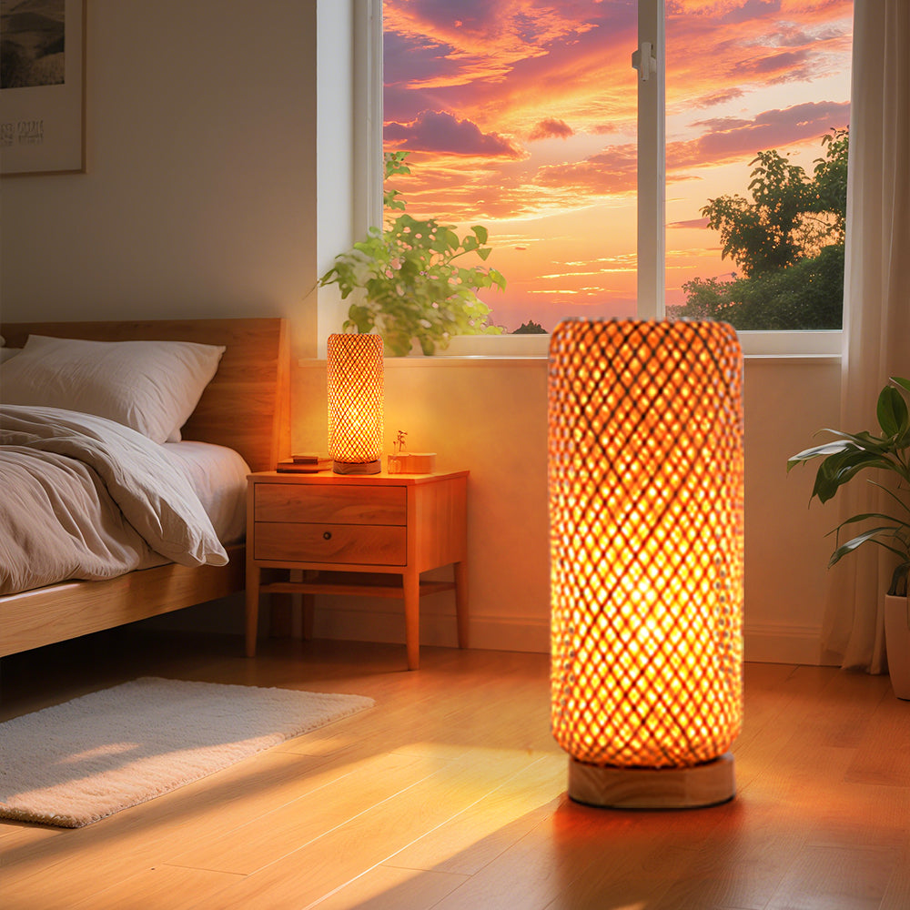 Small Bamboo Bedside Lamp Boho Rattan Table & Nursery Light