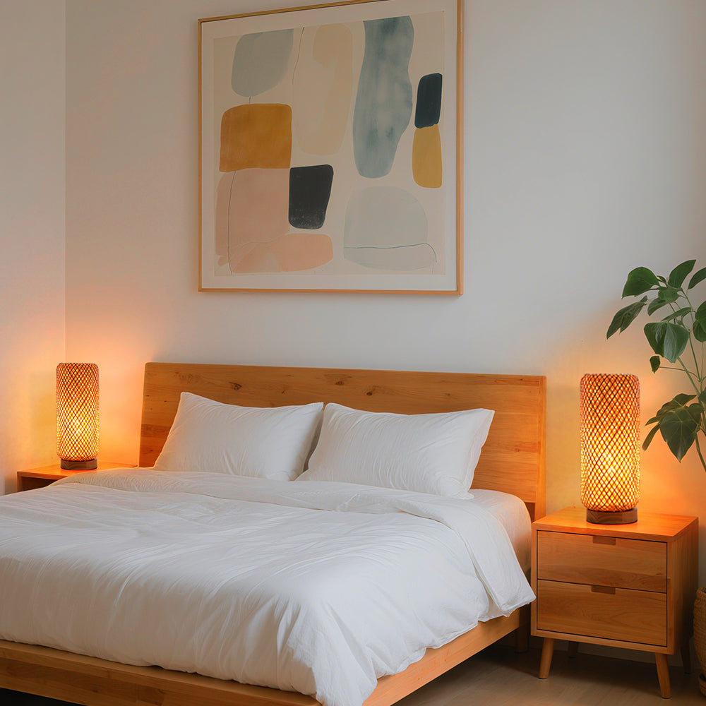 Small Bamboo Bedside Lamp Boho Rattan Table & Nursery Light