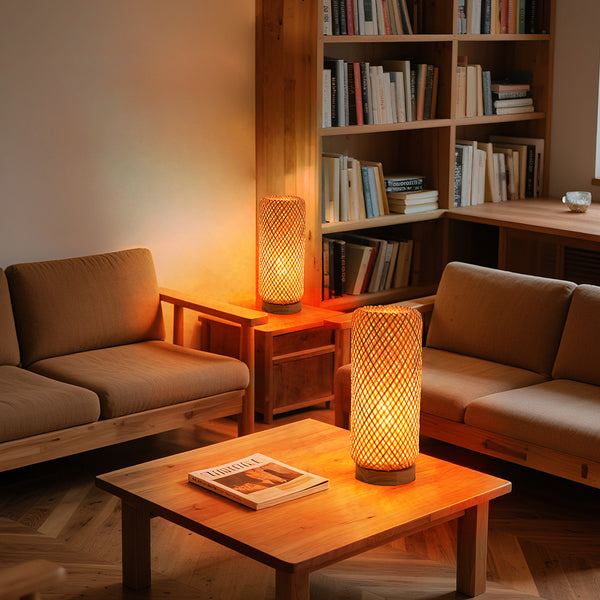 Small Bamboo Bedside Lamp Boho Rattan Table & Nursery Light