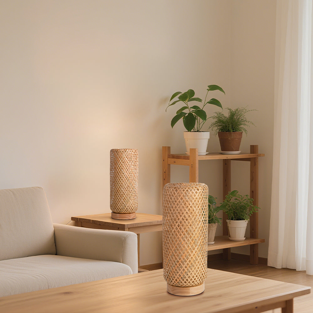 Small Bamboo Bedside Lamp Boho Rattan Table & Nursery Light