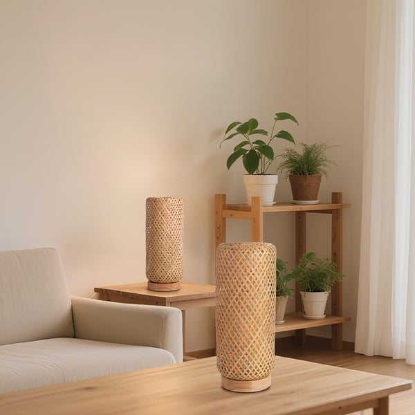 Small Bamboo Bedside Lamp Boho Rattan Table & Nursery Light