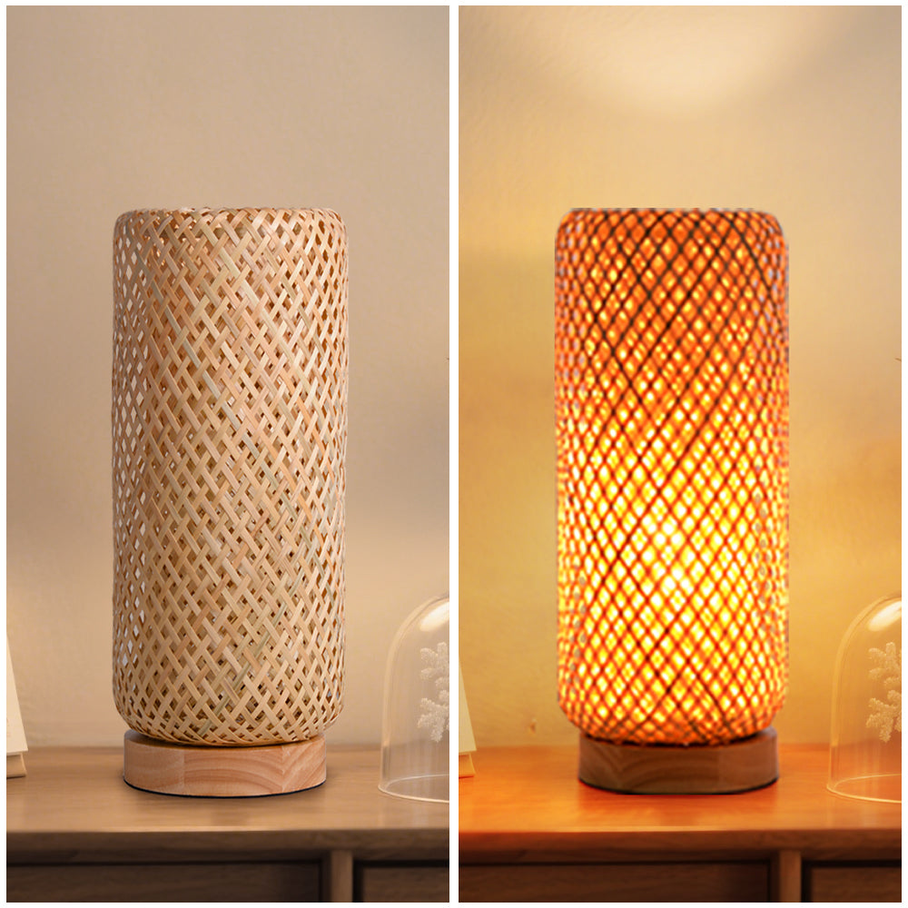 Small Bamboo Bedside Lamp Boho Rattan Table & Nursery Light