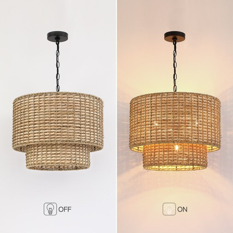 Double-Layer Seagrass Pendant Light Wabi-Sabi Living Room Chandelier