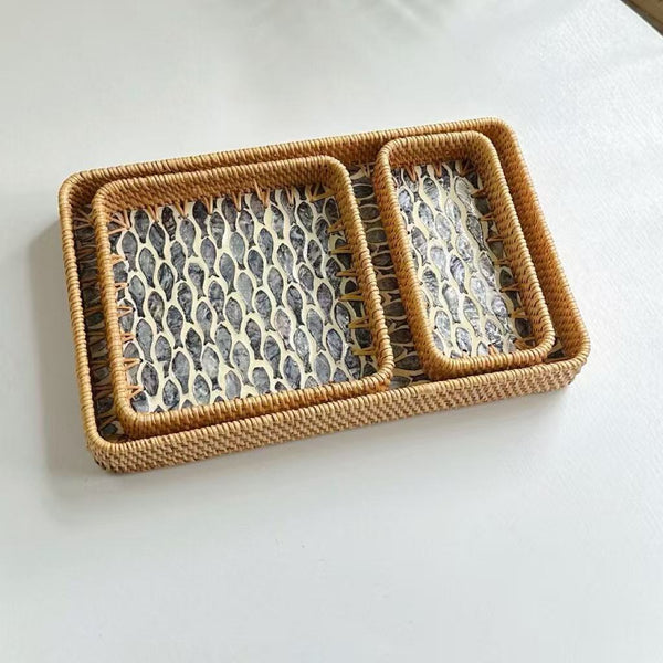 Set of 3 Rattan Trays with Capiz Shell Inlay Coastal Boho Decor