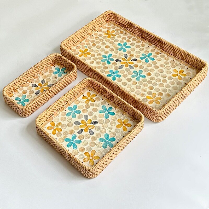 Set of 3 Rattan Trays with Capiz Shell Inlay Coastal Boho Decor Secondary image