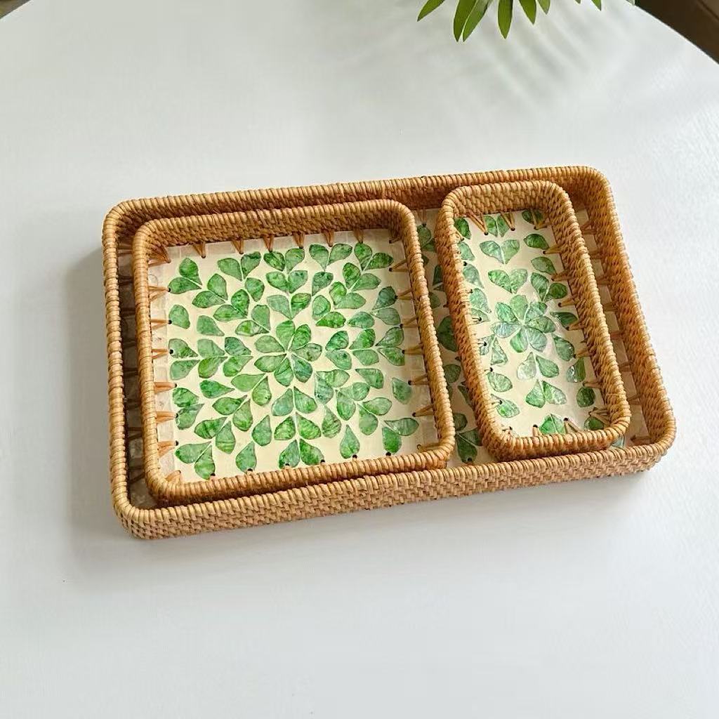 Set of 3 Rattan Trays with Capiz Shell Inlay Coastal Boho Decor