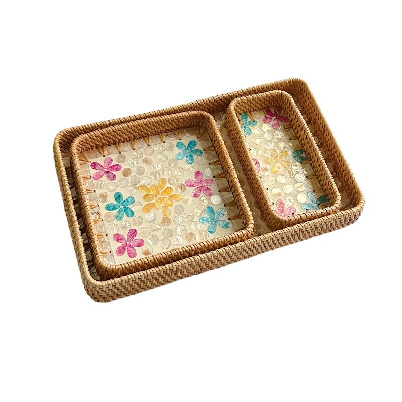 Set of 3 Rattan Trays with Capiz Shell Inlay Coastal Boho Decor