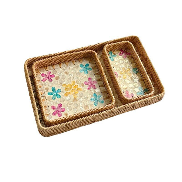 Set of 3 Rattan Trays with Capiz Shell Inlay Coastal Boho Decor