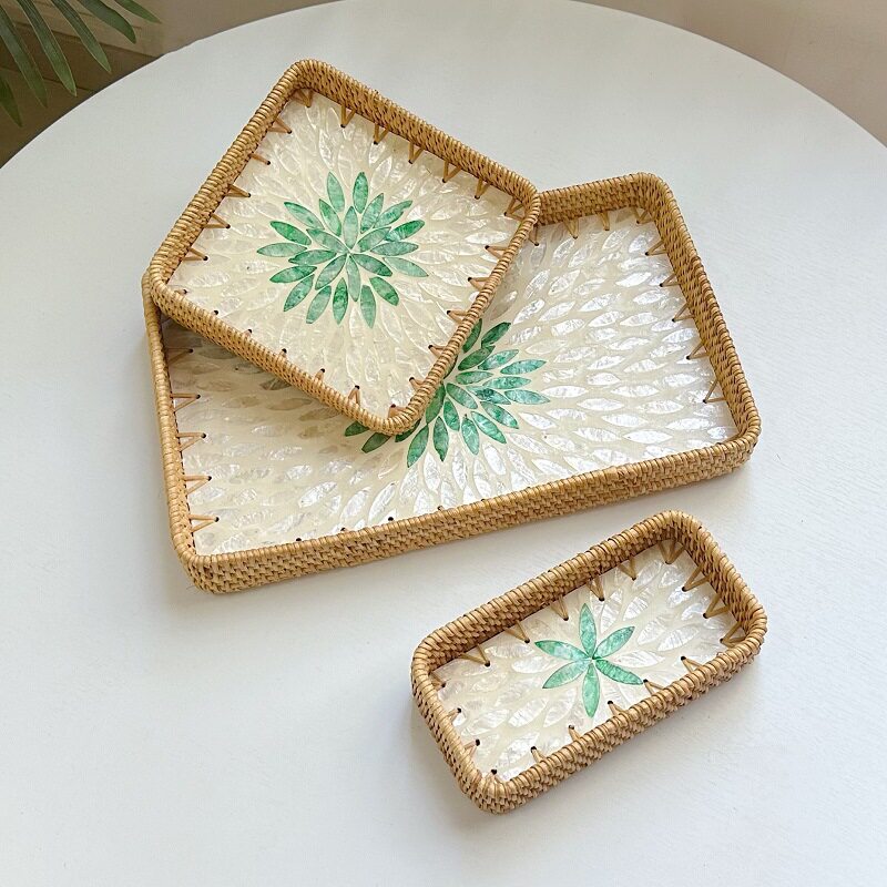 Set of 3 Rattan Trays with Capiz Shell Inlay Coastal Boho Decor Main image