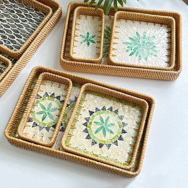 Set of 3 Rattan Trays with Capiz Shell Inlay Coastal Boho Decor