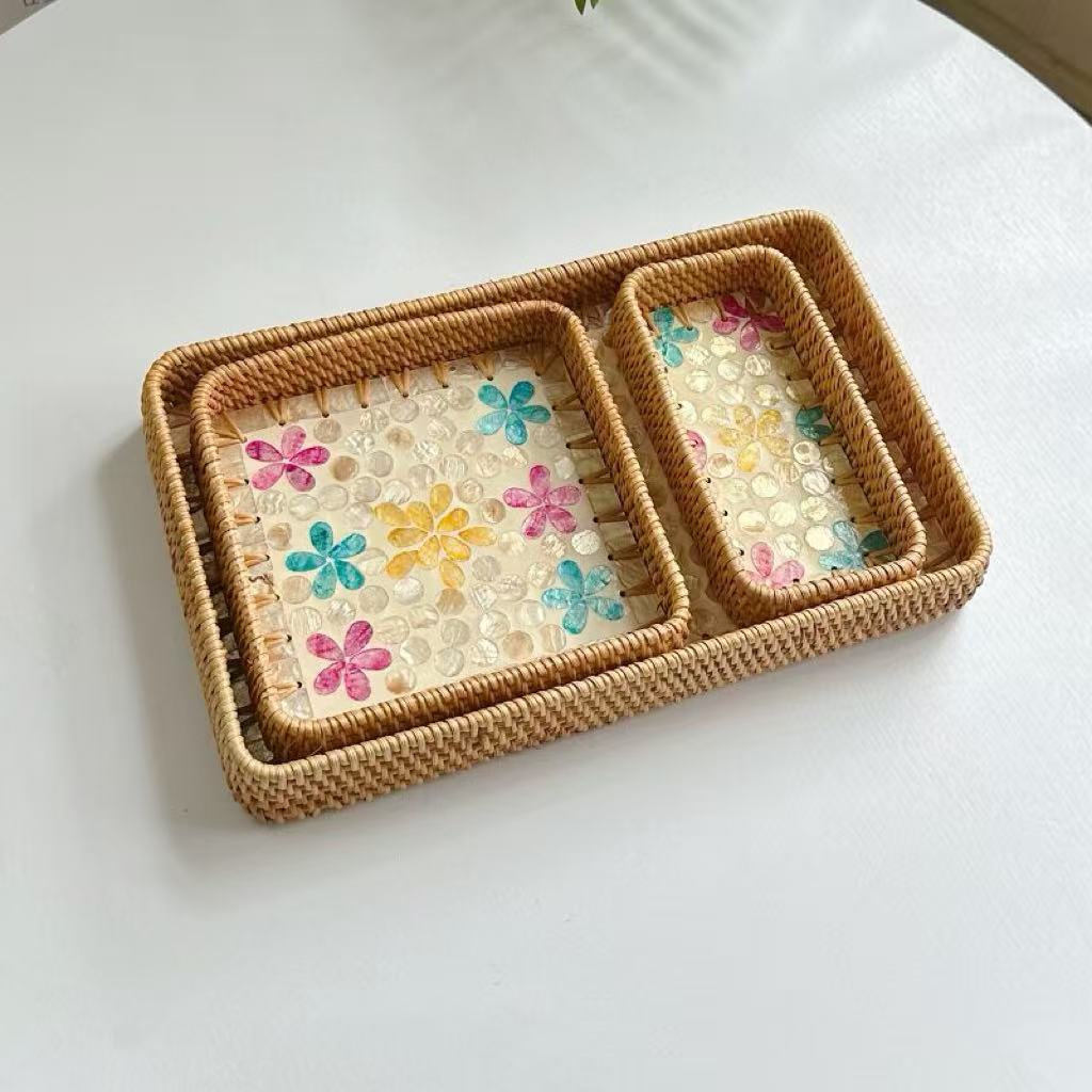 Set of 3 Rattan Trays with Capiz Shell Inlay Coastal Boho Decor