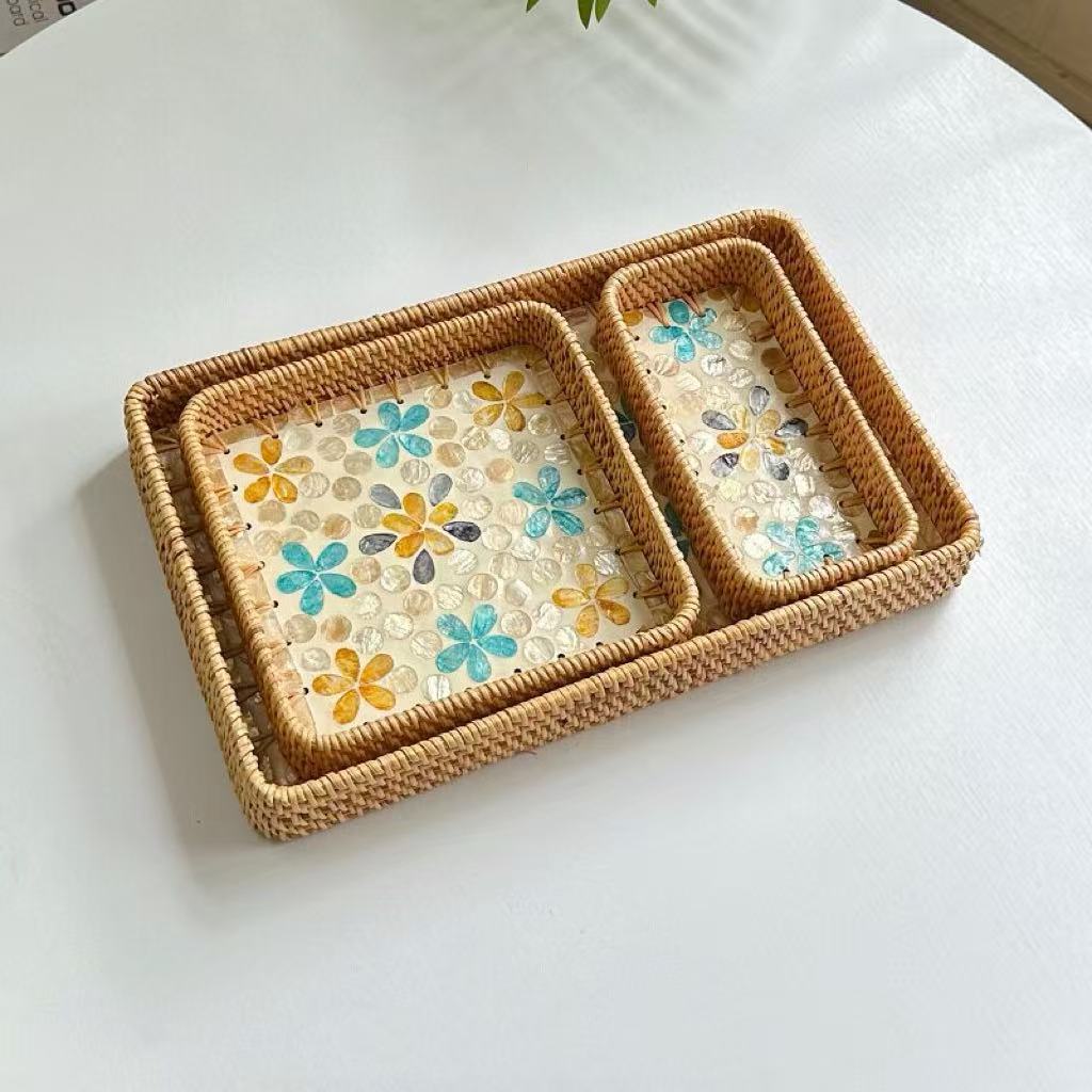 Set of 3 Rattan Trays with Capiz Shell Inlay Coastal Boho Decor