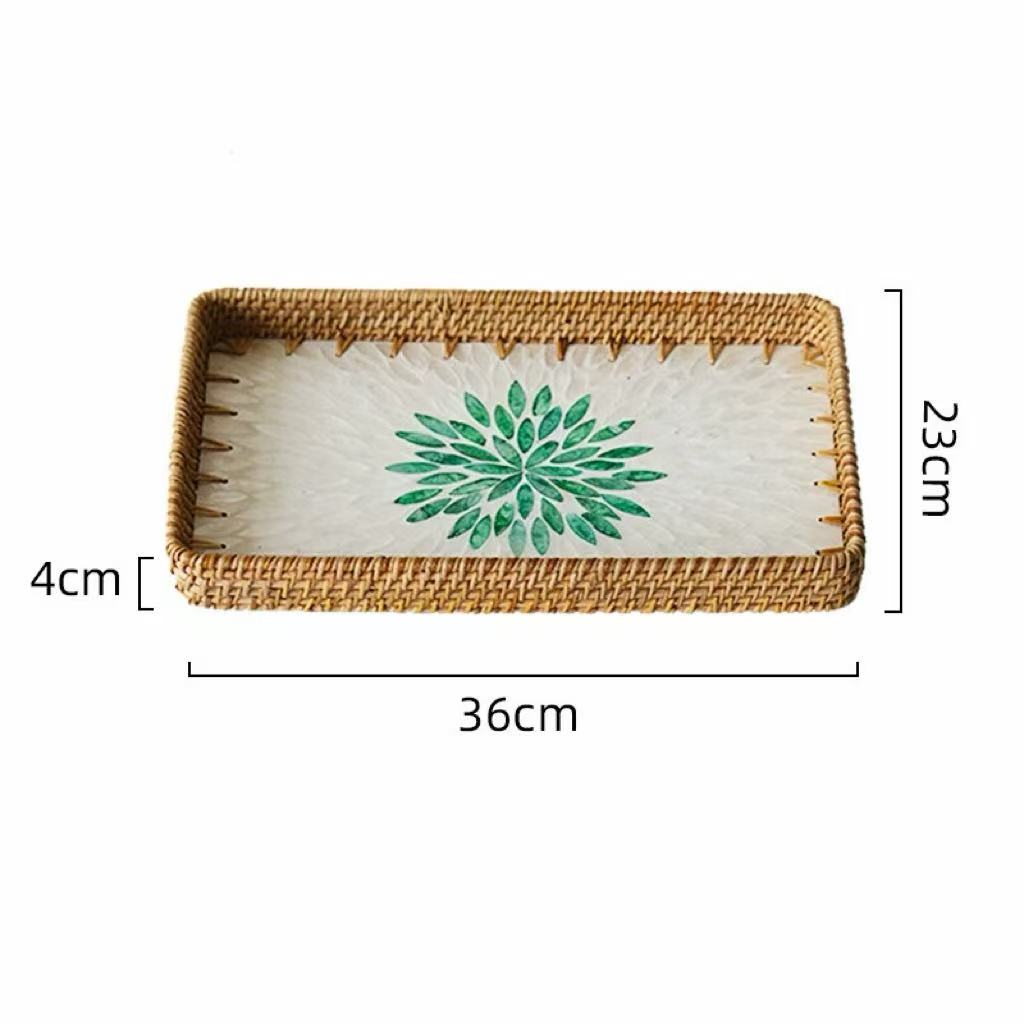 Set of 3 Rattan Trays with Capiz Shell Inlay Coastal Boho Decor