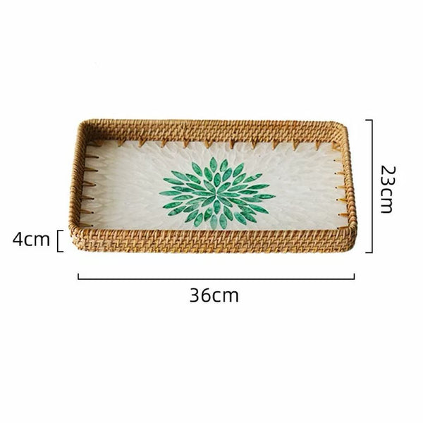 Set of 3 Rattan Trays with Capiz Shell Inlay Coastal Boho Decor