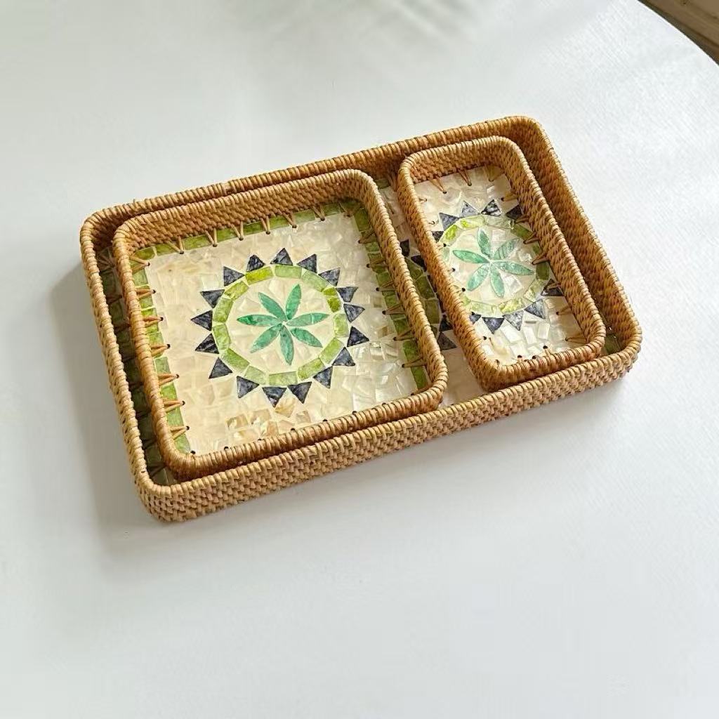Set of 3 Rattan Trays with Capiz Shell Inlay Coastal Boho Decor