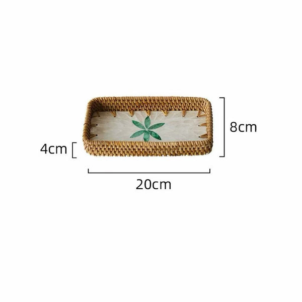 Set of 3 Rattan Trays with Capiz Shell Inlay Coastal Boho Decor