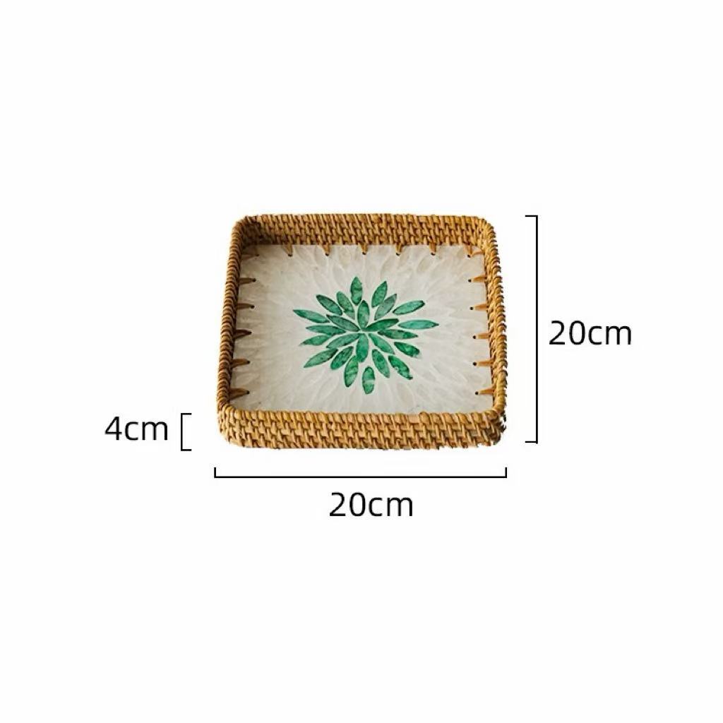 Set of 3 Rattan Trays with Capiz Shell Inlay Coastal Boho Decor
