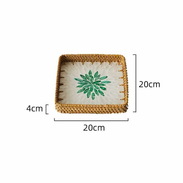 Set of 3 Rattan Trays with Capiz Shell Inlay Coastal Boho Decor