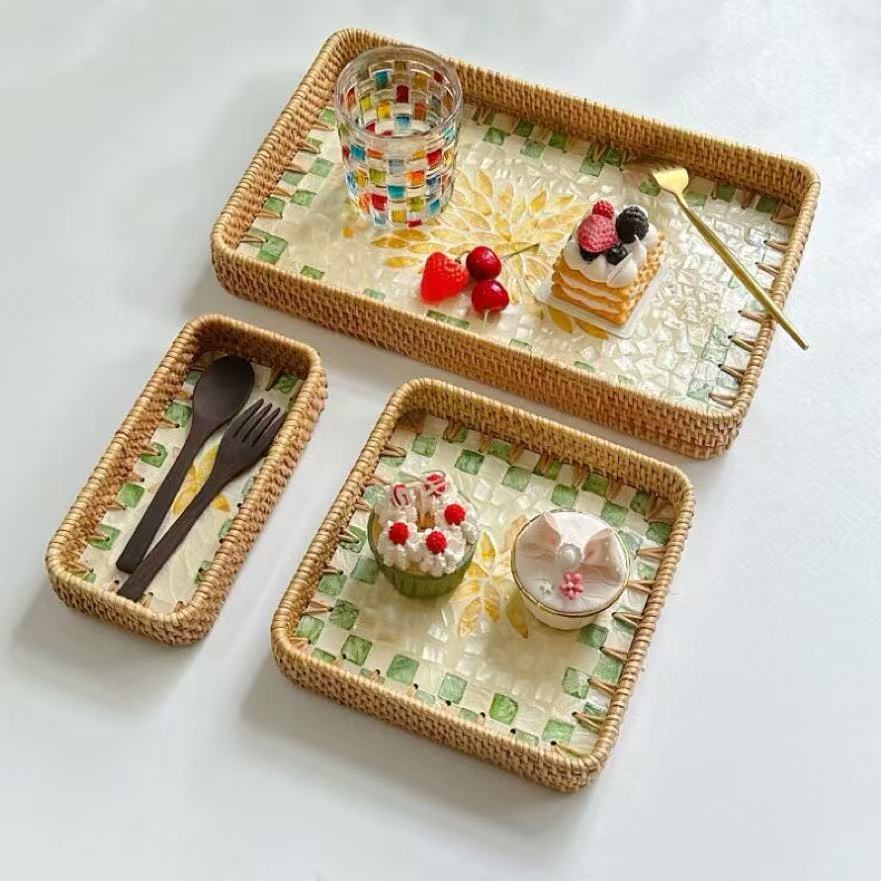 Set of 3 Rattan Trays with Capiz Shell Inlay Coastal Boho Decor